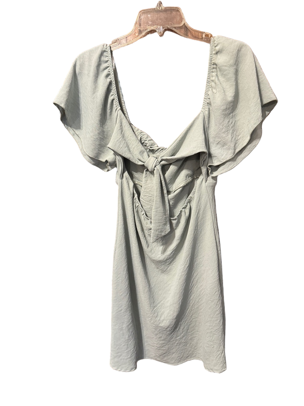Originality Emma  Flutter Sleeve Mini Dress in Sage Green with Tie-Back Size L - Picture 3 of 3